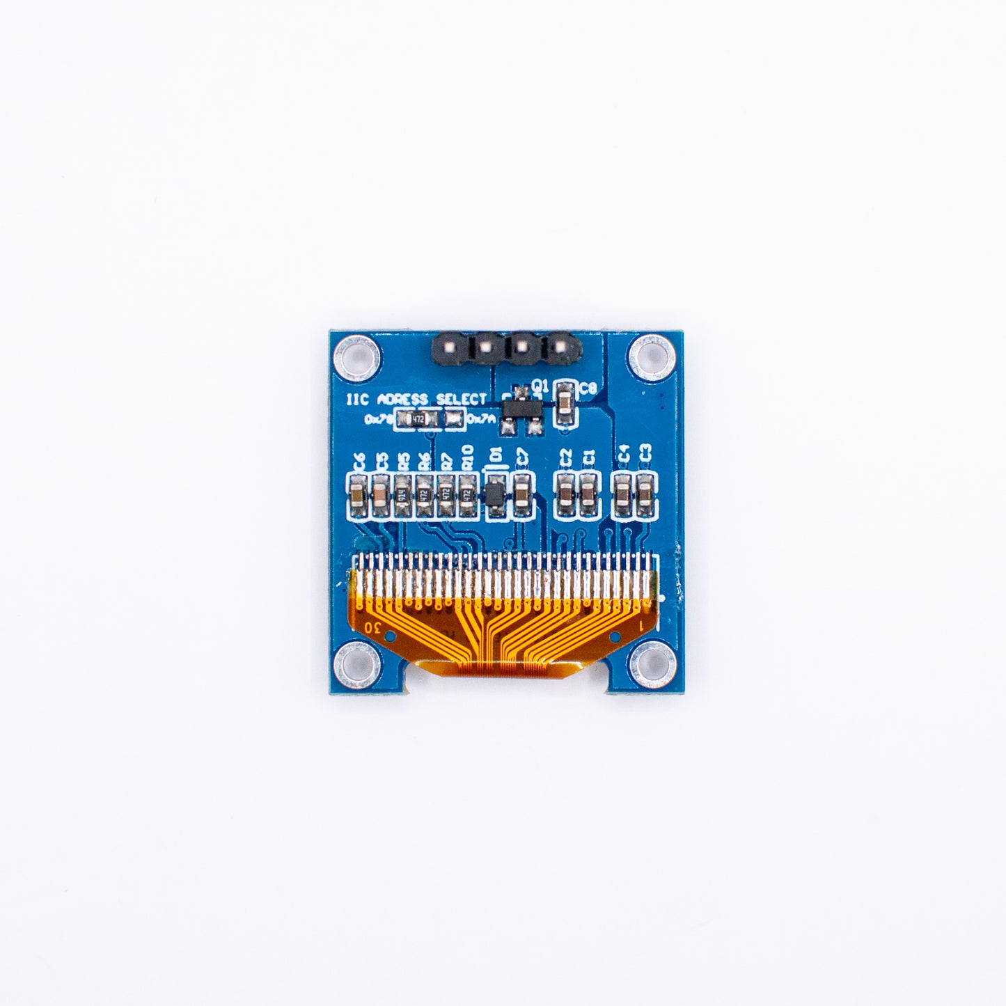 0.96" OLED display, back of the PCB, showing display pins, I2C pin header, and passive components