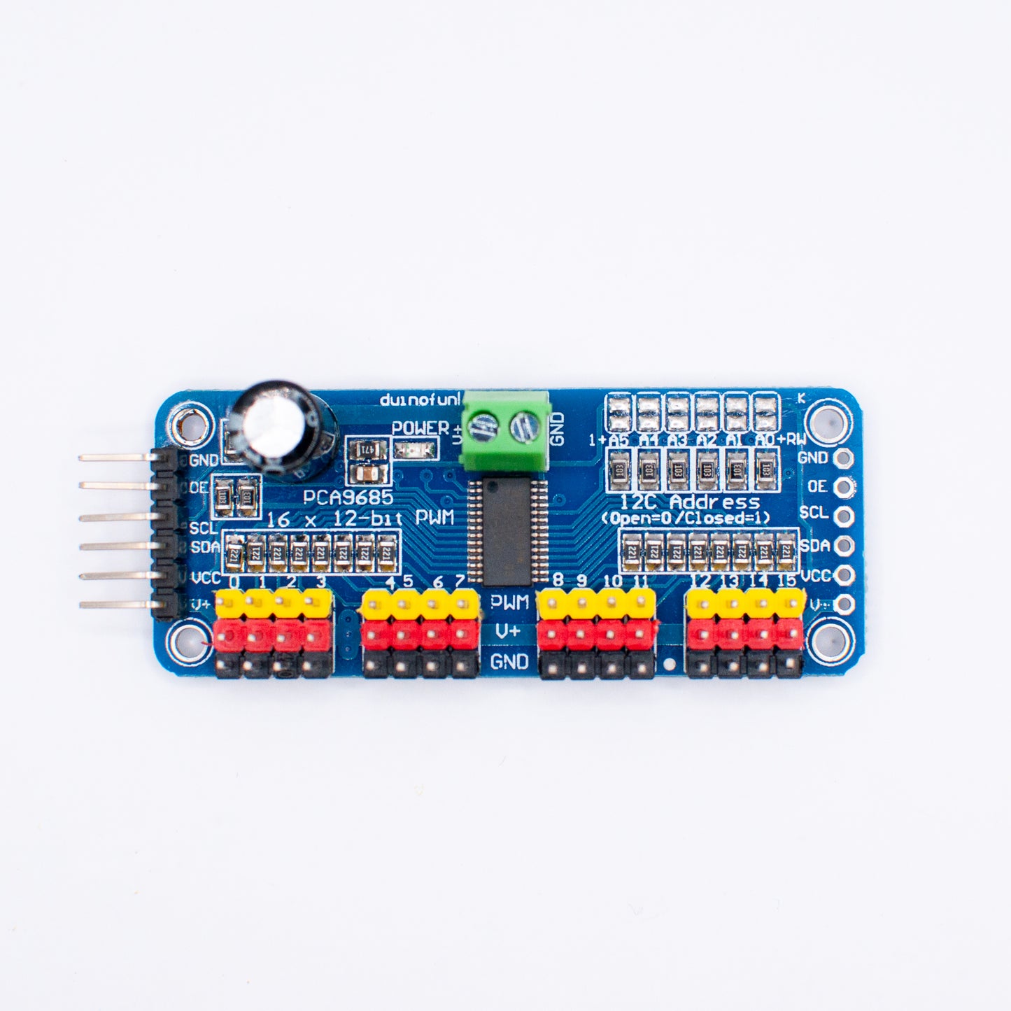 PCA9685 12-bit 16-channel PWM servo driver, showing top side of PCB