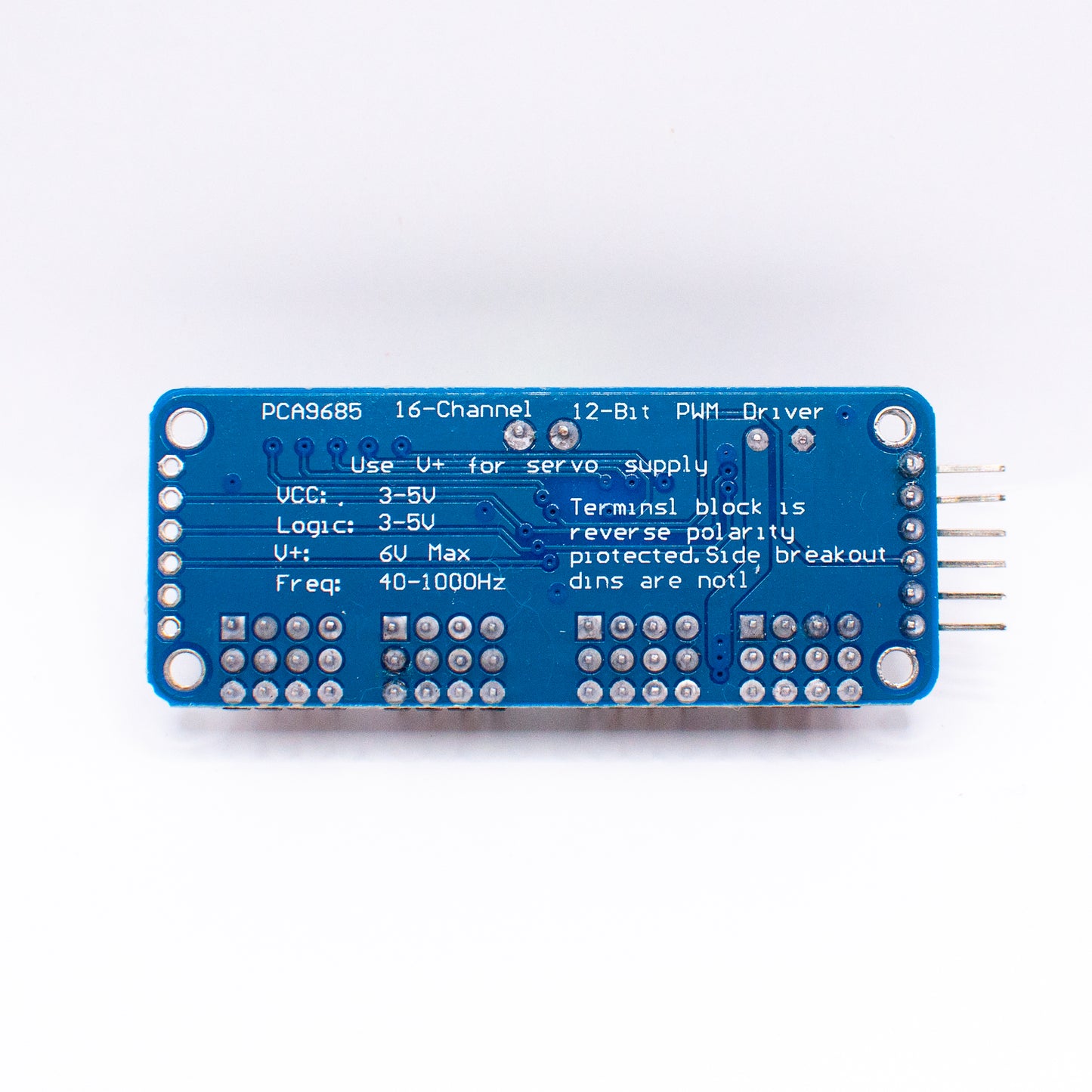 PCA9685 12-bit 16-channel PWM servo driver, showing bottom side of PCB