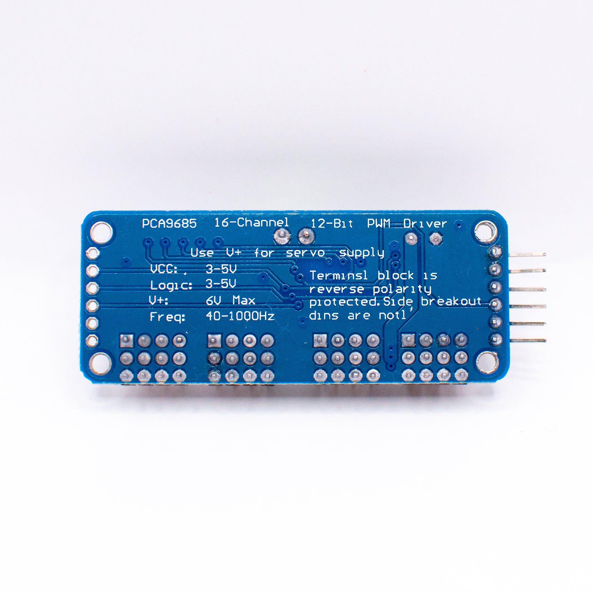 PCA9685 12-bit 16-channel PWM servo driver, showing bottom side of PCB