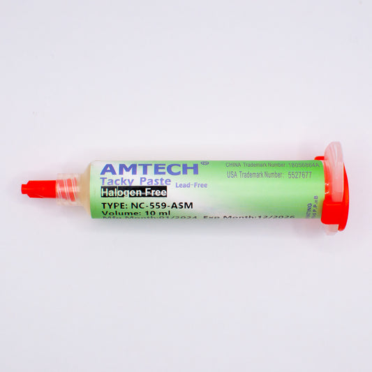 Amtech NC-559-ASM halogen-free, no-clean soldering flux, in 10ml syringe with removable cap