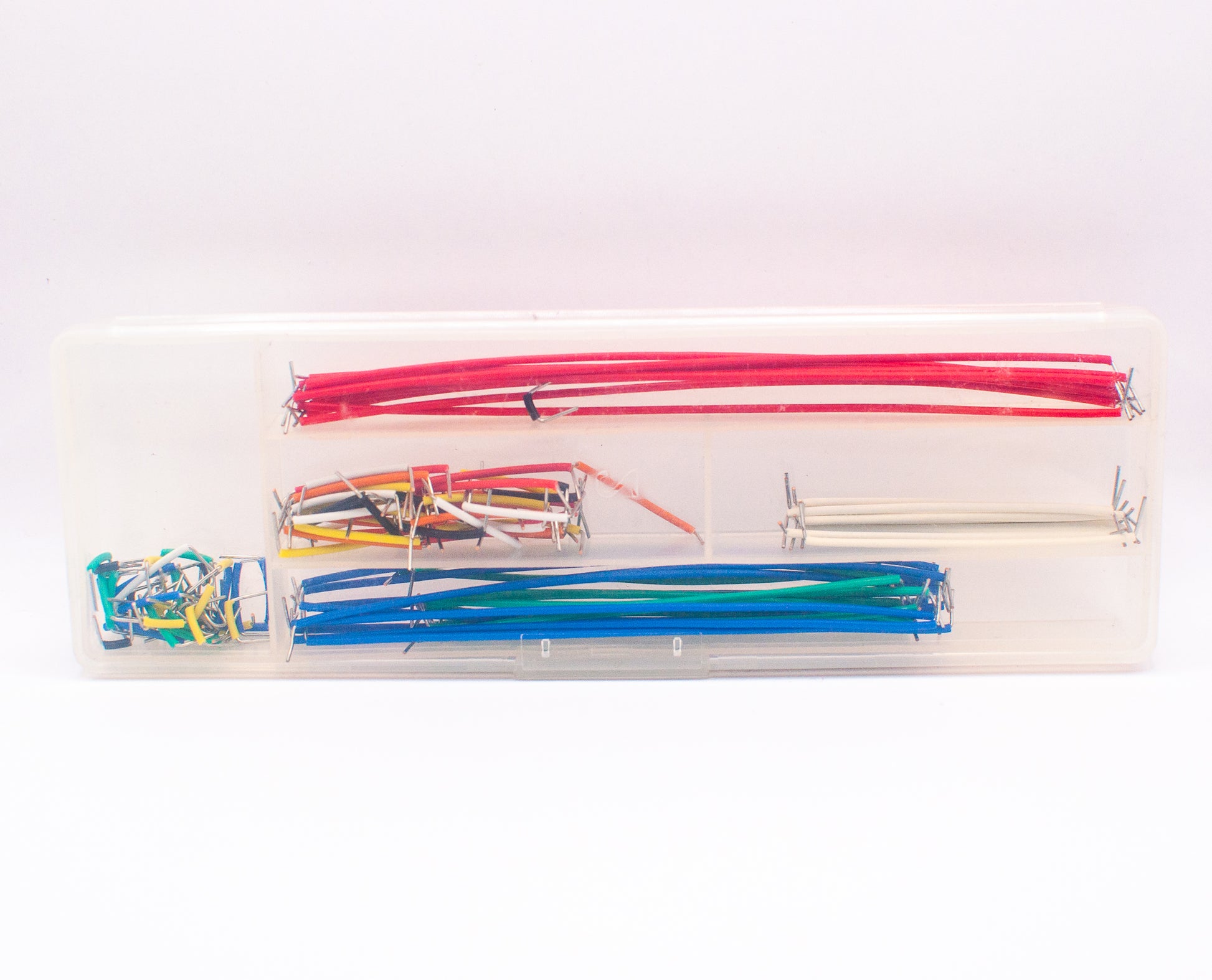 Breadboard jumper solid wires, 140pcs, in various sizes and colors, in a plastic case