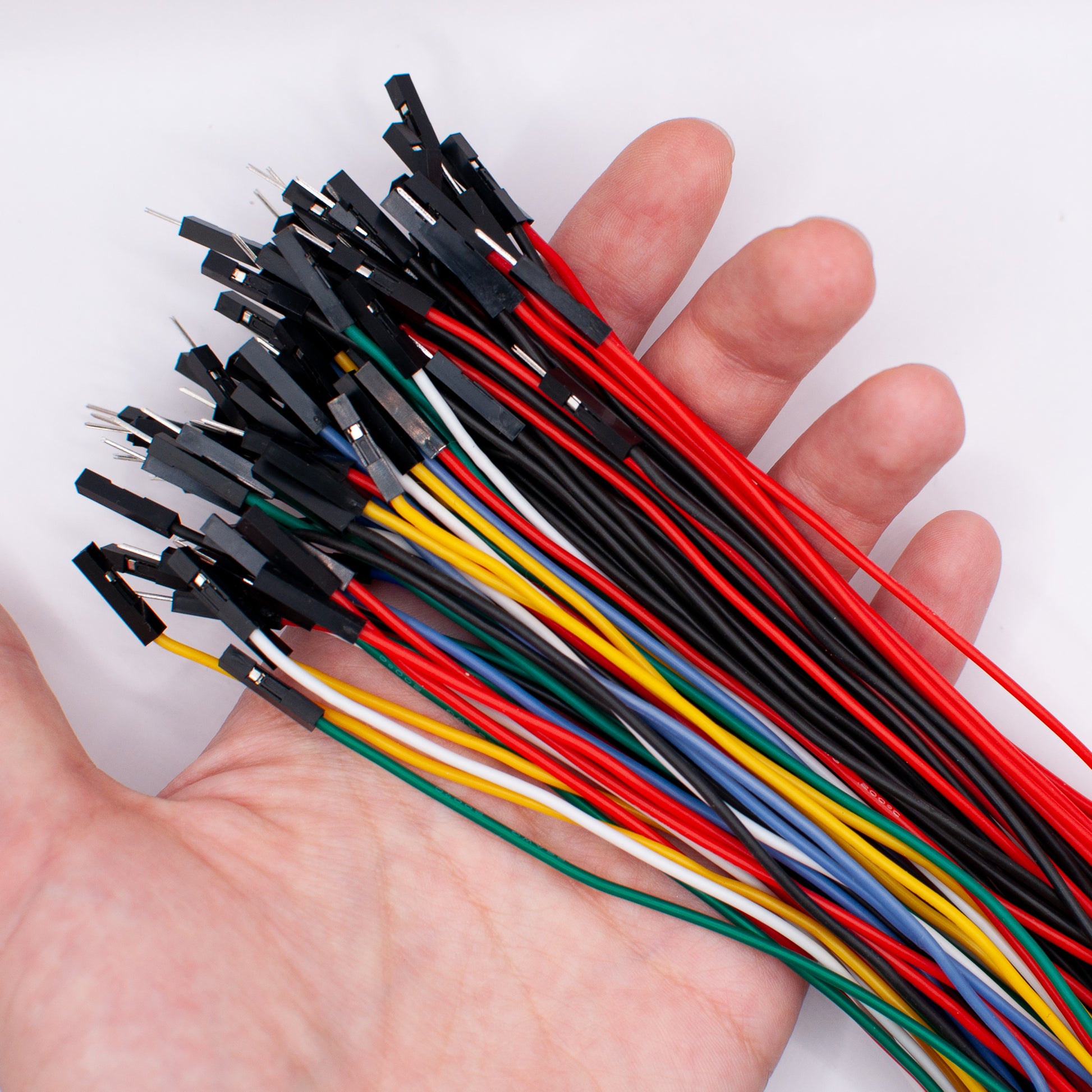 A variety of silicone dupont wires, in various colors and with various ends (plugs/sockets)