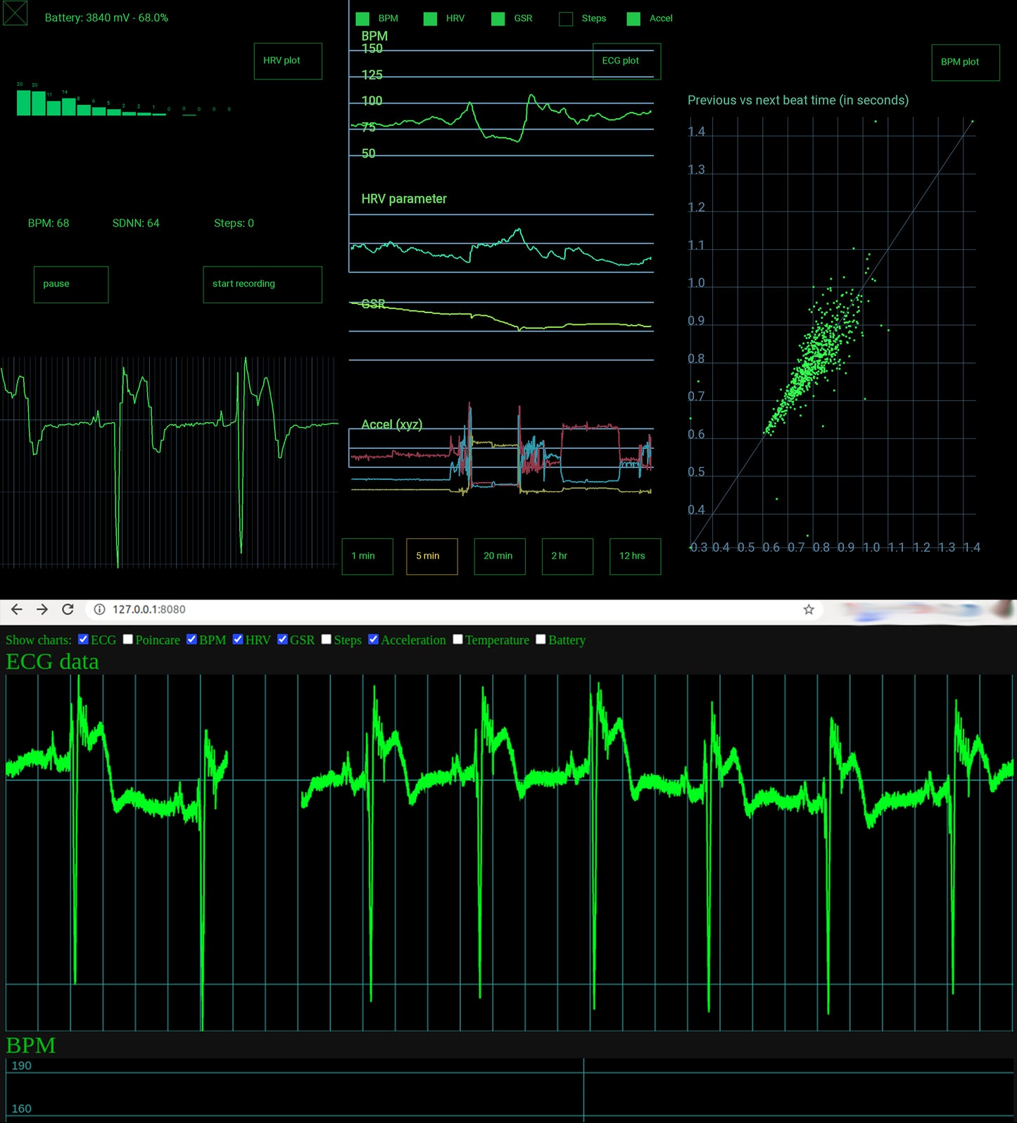 Screenshots from uECG Android app and uECG nodejs app, in one image