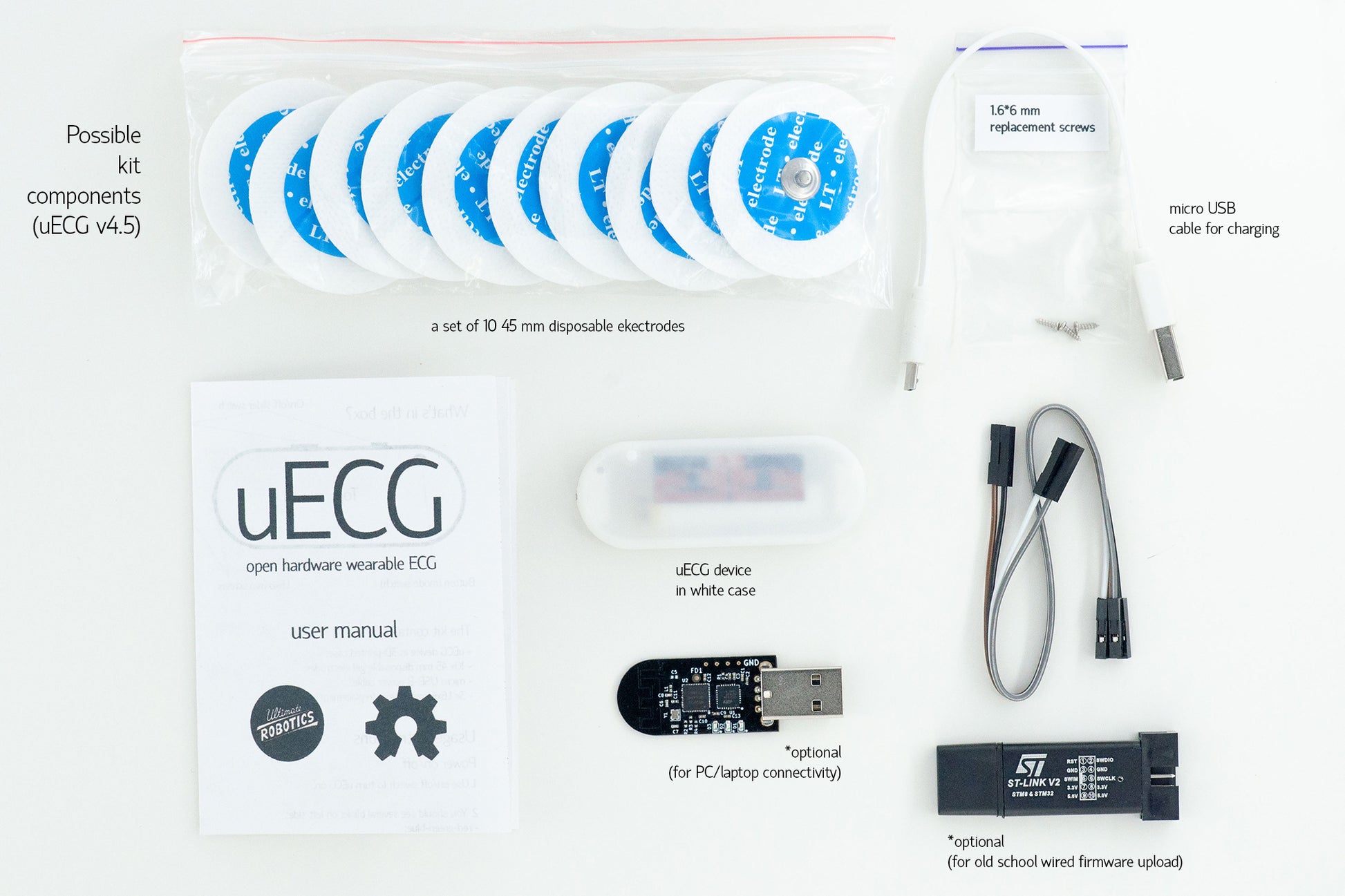 uECG standard kit - 1 uECG, 1 optional receiver base, optional STLink V2 programmer with dupont wires, 10 45mm gel electrodes, micro USB-b cable, and 1.6x6 mm replacement screws