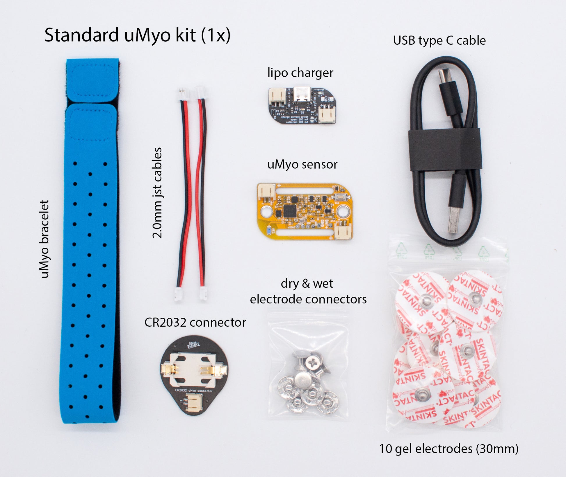 uMyo standard kit - 1 uMyo PCB, 1 LiPo charger PCB, 1 CR2032 battery holder PCB, 1 USB-C cable, 2 JST 2 mm cables, bracelet, dry and wet electrode connectors, 10 30mm gel electrodes