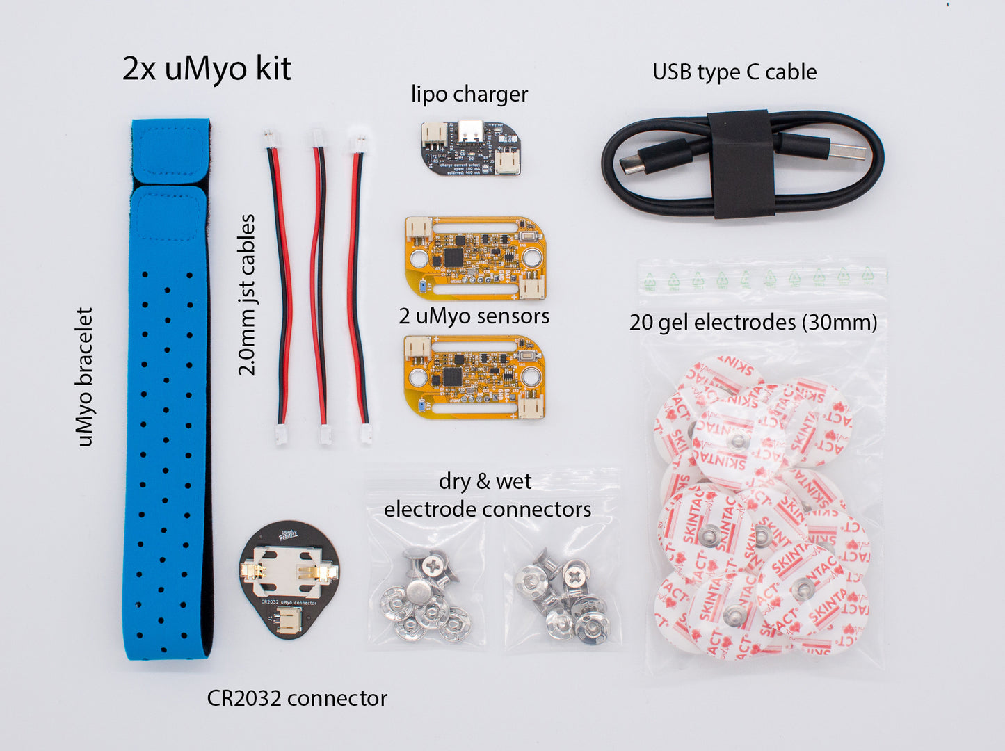 uMyo standard kit - 2 uMyo PCBs, 1 LiPo charger PCB, 1 CR2032 battery holder PCB, 1 USB-C cable, 3 JST 2 mm cables, bracelet, dry and wet electrode connectors, 20 30mm gel electrodes