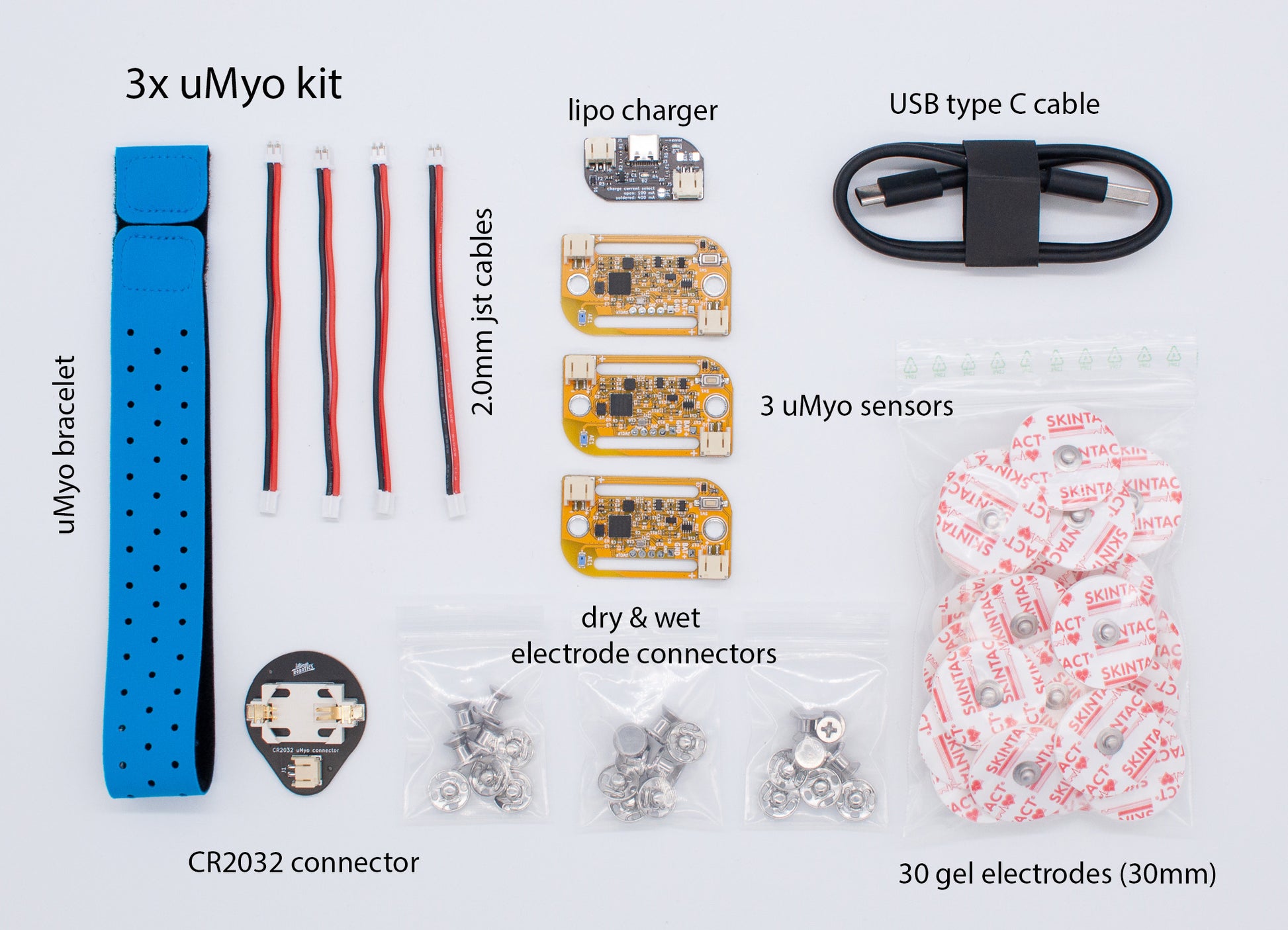 uMyo standard kit - 3 uMyo PCB, 1 LiPo charger PCB, 1 CR2032 battery holder PCB, 1 USB-C cable, 4 JST 2 mm cables, bracelet, dry and wet electrode connectors, 30 30mm gel electrodes