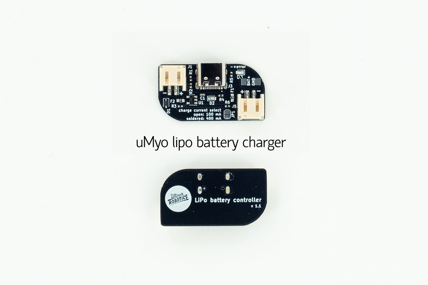 uMyo LiPo battery charger PCB with USB-C connector and two JST 2-pin connectors